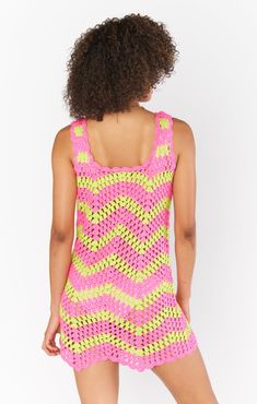 Get ready to stand out in the Show Me Your Mumu Tara Mini Dress! With a colorful zig zag pattern and playful crochet details, this dress is perfect for any summer occasion. Brighten up your wardrobe and show off your unique style with this fun and flirty cover up. Color: Watermelon Wave Crochet 100% Acrylic Crochet Cover Up, See Through Hand Wash Cold Images Courtesy of Show Me Your Mumu Cold Images, Wave Crochet, Apparel Boutique, Crochet Cover, Pink Summer Dress, Crochet Cover Up, Instagram Gift, Zig Zag Pattern, Show Me Your Mumu