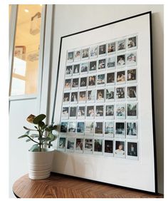 a white vase with a plant sitting on top of it next to a framed photo