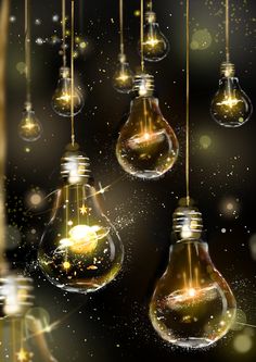 many light bulbs are hanging from strings in the dark sky with stars and sparkles all around them