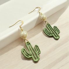 Handamde personally curated cactus earrings, gift for her, mom gift, gf gift, teacher gift, hostess gift, 18k gold plated nickel free ear wire. Faux pearl accent. Lightweight for sensitive ears. Trendy Handmade Earrings For Mother's Day, Cute Everyday Green Jewelry, Casual Drop Earrings As Gift, Casual Drop Earrings For Gifts, Casual Green Earrings For Gift, Casual Green Earrings Perfect For Gifts, Casual Green Drop Earrings, Casual Green Everyday Earrings, Teacher Earrings