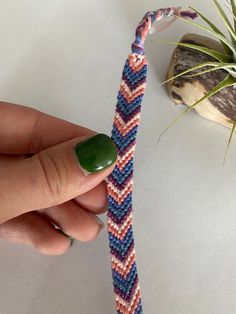 a hand holding a blue, pink and white braided bracelet next to a small air plant