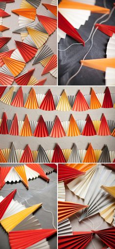 several different pictures of folded paper in various shapes and sizes, including oranges, yellows, and reds