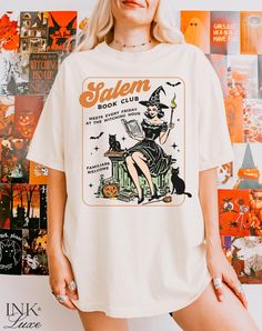 Salem Witches Book Club TShirt. We just love the retro vintage halloween illustrations. This tshirt is the perfect bookish gift for the spooky book lover! This design is also available on a sweatshirt: https://www.etsy.com/listing/1760445698/salem-book-club-sweatshirt-bookish **PLEASE NOTE** All shirts are printed to order, and personalized to the specifications you choose during checkout. Production time is 2-5 business days. ♥ DETAILS ♥ Comfort Colors tshirts have a unisex fit and are 100% rin Witch Tshirt, Salem Witches, Bookish Halloween, Book Club Shirt, Ghost Skeleton, Mom Graphic Tees, Comfort Colors Tshirt, Club Sweatshirts, Club Shirts