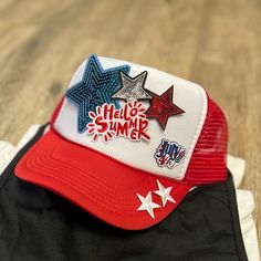 New Snapback Sanctuary- These Adorable Trucker Hats Are Custom Made. These Are Trucker Hat Style W/Adjustable Strap. *Red Hat W/White Face. With Red, White & Blue Designed Patches. July 4th Brooch As Well. *Only A Couple Made! Get Yours Today 4th Of July Trucker Hats With Patches, Trendy Cap For 4th Of July, Red Patriotic Summer Hat, Patriotic Red Adjustable Trucker Hat, Red Adjustable Trucker Hat For 4th Of July, Trendy Adjustable Hats For 4th Of July, Red Americana Hat For Summer, Red Americana Summer Hat, Red Snapback Hat For 4th Of July