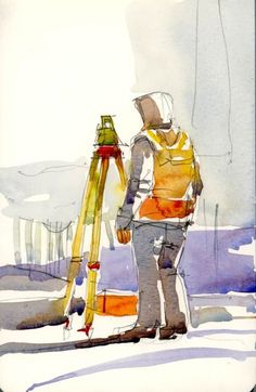 a watercolor painting of a man standing next to a fire hydrant in the snow