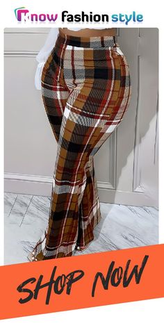 knowfashionstyle Khaki Plaid Print High Waist Skinny Flare Leg Pants Casual Retro Plus Size Fall Winter Checkered Bottom Trendy Fitted Plaid Bottoms, Trendy Non-stretch Plaid Bottoms, Chic Stretch Plaid Bottoms, Stretch Plaid Bottoms For Fall, Non-stretch Plaid Pants For Fall, Trendy Fitted Plaid Pants, Retro Plus Size, Plus Size Fall, Flare Leg Pants