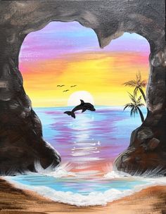 an acrylic painting of a dolphin jumping out of the water at sunset with palm trees