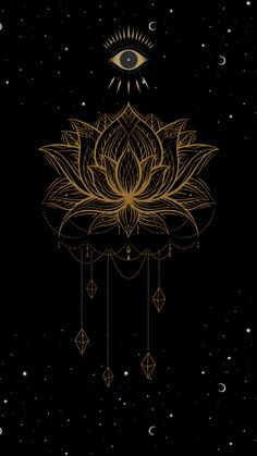 a gold lotus flower with crescents and stars in the sky above it on a black background