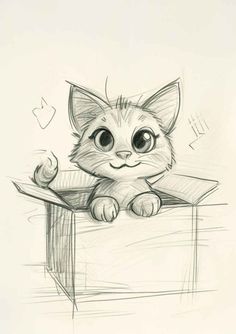 a drawing of a cat sitting in a box with its paws on the top of it