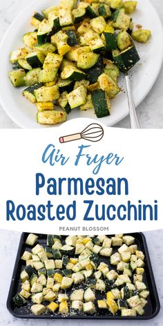 an air fryer pan filled with roasted zucchini on top of a white plate