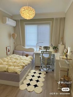 a bed room with a neatly made bed next to a window and a desk in the corner