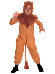 a child in a lion costume standing up with his hands out to the side,