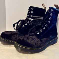 Brand New With Tags (No Box). Explore Your Witchy Goth Self In These Beautiful Crushed Velvet Docs. Comes With Ribbon And Regular Laces. No Visible Flaws Or Defects. Please See Photos For Details. Enjoy! Step Up Your Style Game With These Dr. Martens 1460 Boots, Featuring A Black Crushed Velvet Upper With Lace-Up Closure And Eyelet Accents. These Mid-Calf Combat Boots Have A Round Toe And Low Block Heel, Making Them Perfect For Any Occasion From Casual To Formal. The Boots Are Vegan And Made Wit Doc Martens 1460, Witchy Goth, Gothic Looks, Low Block Heels, Dr Martens Shoes, Doc Martens, Crushed Velvet, Moto Boots, Mid Calf