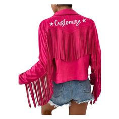 Customize this amazing hot pink fringe jacket! We can include the stars or remove them. 1. Pick font type 2. Pick font color 3. Choose what text you would like **LIST THE ABOVE IN THE PERSONALIZATION BOX! Pink Fringe Jacket, Bachelorette Party Western, Boho Music, Bride Jacket, Barbie Core, Nashville Style, Cowgirl Costume, Western Outfit, Preppy Fall