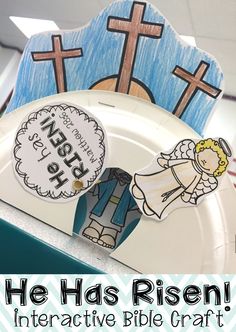 a paper plate with the words he has risen and an image of jesus on it