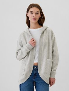 Relaxed Long Open-Front Hoodie | Gap Factory Hoodie Gap, Fleece Hoodie, Front Open, Drop Shoulder, Patch Pocket, Sweatshirts Women, Gap, Pajamas, Sweatpants