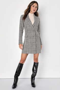 You'll own the office (or wherever you are!) in the Lulus Deluxe Desire Grey Tweed Long Sleeve Blazer Mini Dress! Chic woven wool-blend tweed shapes long sleeves with in-charge padded shoulders, and a collared bodice with stylish notched lapels. Dress has a unique, double-breasted design with functional buttons and front flap pockets. Skirt finishes with a flaring mini hem. Fit: This garment fits true to size. Length: Mid-thigh. Size medium measures 33.5" from shoulder to hem. Bust: Great for an Chic Wool Tweed Dress For Office, Winter Wool Tweed Knee-length Dress, Winter Wool Tweed Dress Knee-length, Chic Houndstooth Tweed Dress For Fall, Chic Houndstooth Tweed Dress For Work, Knee-length Wool Tweed Dress For Winter, Chic Tweed Dress With Houndstooth Pattern For Fall, Fall Tweed Dress For Work, Knee-length Winter Blazer For Work