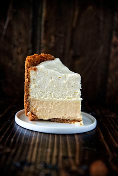 a piece of cheesecake sitting on top of a white plate