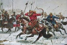 a painting of men on horses in the snow, with one man holding an arrow