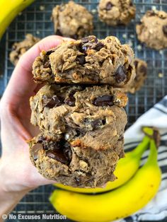 chocolate chip cookies and bananas are stacked on top of each other