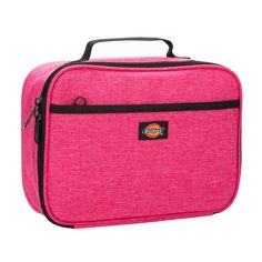 a pink lunch box with black handles and zippers on the front, it has a logo