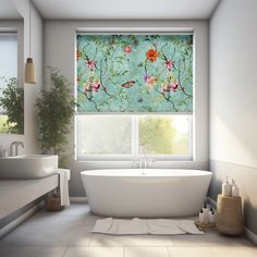 a bathroom with a bathtub, sink and window covered in floral roman blind shades