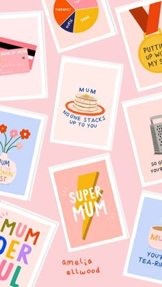 many different types of stickers on a pink background with the words super mum written below them