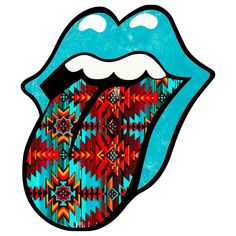 the rolling stones'tongue is painted in blue, red and orange colors with an abstract pattern