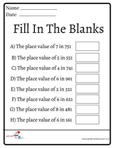 fill in the blanks worksheet for students to practice numbers and place value