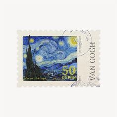 a postage stamp with an image of the starry night