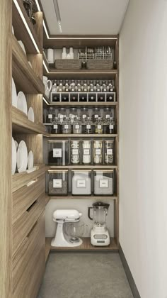 a kitchen pantry filled with lots of white dishes