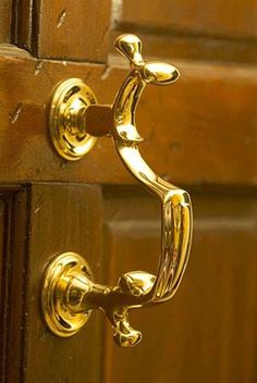 a close up of a door handle on a wooden door