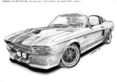 a drawing of a mustang muscle car with stripes on it's body and hood