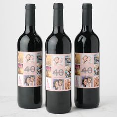 three bottles of wine with pictures on them and the number forty four in front of them