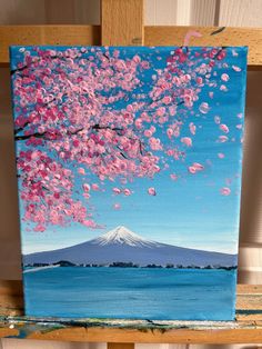 a painting of a cherry blossom tree with mount fuji in the background