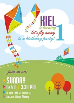 a birthday party flyer with a kite flying in the sky and trees on the hill