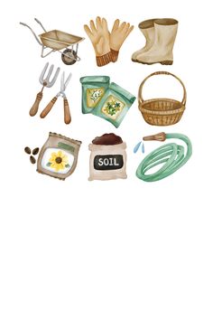 an illustration of gardening supplies and tools on a white background with the words soil written below it