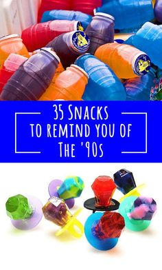 colorful plastic cups with the words 35 snacks to remind you of the'80s