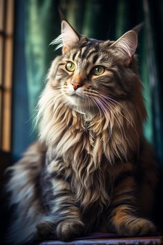 Photography of a maine coon cat proudly sitted in an interior setting. Maine Coone Aesthetic, Soft Kitty Warm Kitty, A Modern House