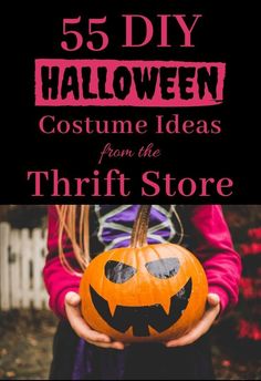 a person holding a pumpkin with the words 5 diy halloween costume ideas from the thrift