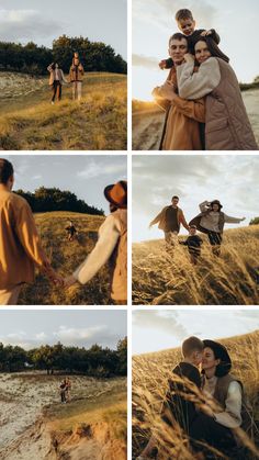 four different shots of people holding hands and walking in the grass, with one woman hugging another man