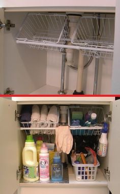 an open cabinet filled with cleaning products and other household care items on the bottom shelf