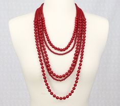 A beautiful necklace featuring five bright and colorful beaded strands. A true statement piece. The shortest strand measures 22", and the longest is 34". Gold plated zinc alloy clasp. Beads are made of resin. Lead and nickel free.  More colors and styles: https://www.etsy.com/shop/HelensCollection?section_id=13703308&ref=shopsection_leftnav_2 Our store front: https://www.etsy.com/shop/HelensCollection Flower Statement Necklace, Long Statement Necklace, Inspirational Jewelry, Red Necklace, Necklace Red, Rose Necklace, Beaded Statement Necklace, White Necklace, Resin Necklace