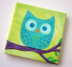 an owl is sitting on a tree branch painted on a yellow square with blue eyes