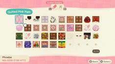 an animal crossing game is shown in pink and brown colors, with pictures on the screen