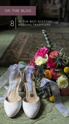 wedding shoes and bouquet on the floor with text overlay that reads, on the blog