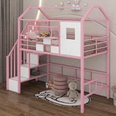 a pink loft bed with stairs to the top and bottom bunk is next to a teddy bear