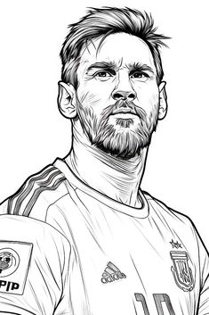 a black and white drawing of a man with a beard wearing a soccer uniform,