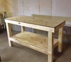 a table made out of wood in a garage