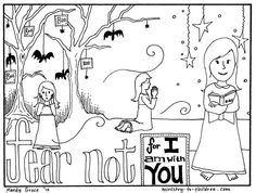 a coloring book page with an image of two children in the woods and one is holding a